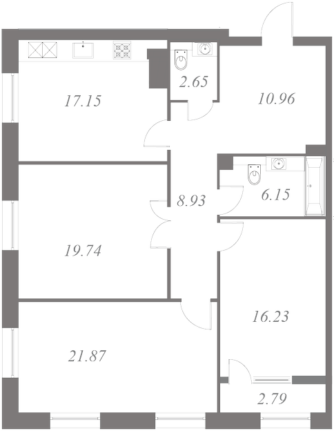 План квартиры №125 с 3 спальнями на 8 этаже 3 корпуса ЖК NEVA HAUS