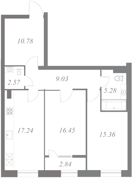 План квартиры №129 с 2 спальнями на 9 этаже 3 корпуса ЖК NEVA HAUS