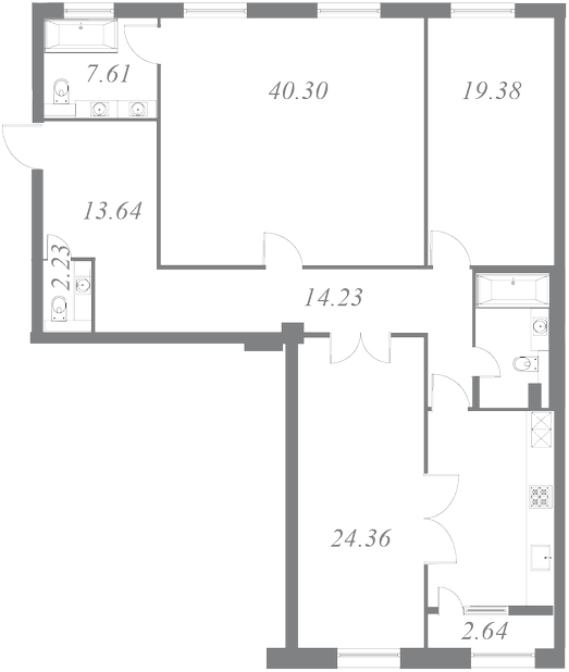 План квартиры №130 с 3 спальнями на 9 этаже 3 корпуса ЖК NEVA HAUS