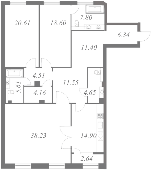 План квартиры №15 с 3 спальнями на 5 этаже 3 корпуса ЖК NEVA HAUS