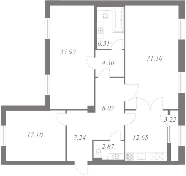 План квартиры №22 с 3 спальнями на 6 этаже 3 корпуса ЖК NEVA HAUS