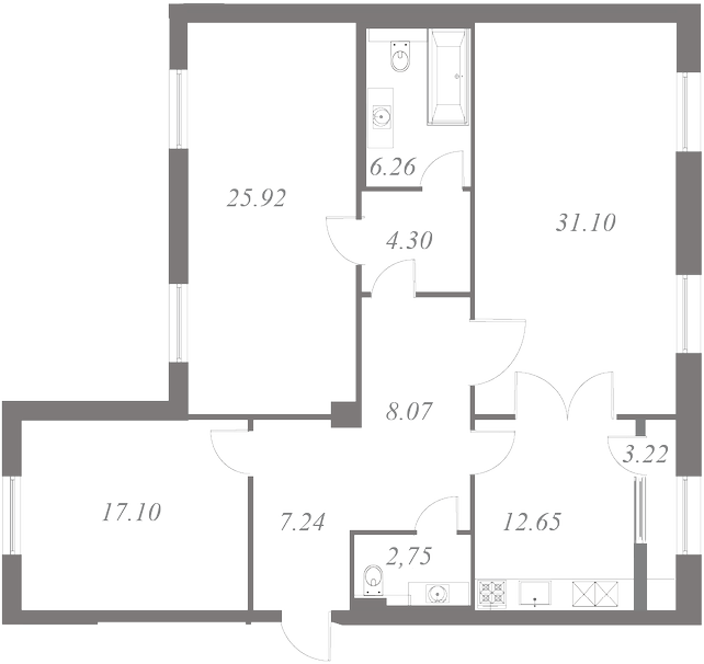 План квартиры №26 с 3 спальнями на 7 этаже 3 корпуса ЖК NEVA HAUS