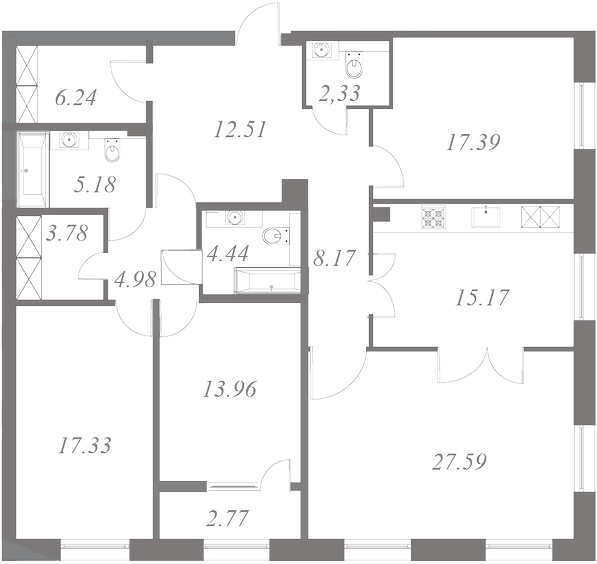 План квартиры №28 с 4 спальнями на 8 этаже 3 корпуса ЖК NEVA HAUS