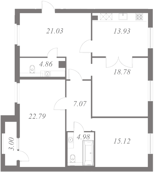 План квартиры №36 с 3 спальнями на 2 этаже 3 корпуса ЖК NEVA HAUS