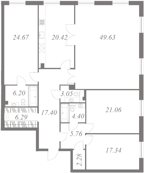 План квартиры №38 с 4 спальнями на 2 этаже 3 корпуса ЖК NEVA HAUS