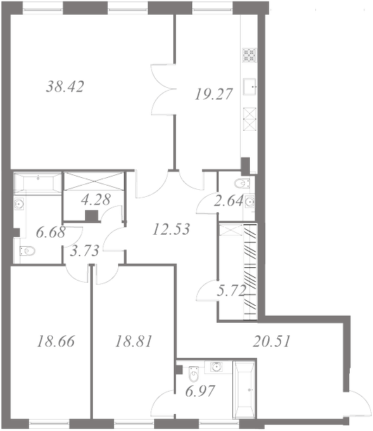 План квартиры №39 с 3 спальнями на 2 этаже 3 корпуса ЖК NEVA HAUS