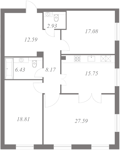 План квартиры №4 с 3 спальнями на 2 этаже 3 корпуса ЖК NEVA HAUS