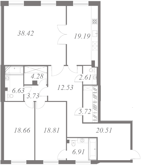 План квартиры №43 с 3 спальнями на 3 этаже 3 корпуса ЖК NEVA HAUS