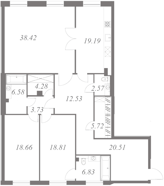 План квартиры №47 с 3 спальнями на 4 этаже 3 корпуса ЖК NEVA HAUS