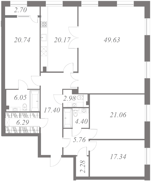 План квартиры №50 с 4 спальнями на 5 этаже 3 корпуса ЖК NEVA HAUS