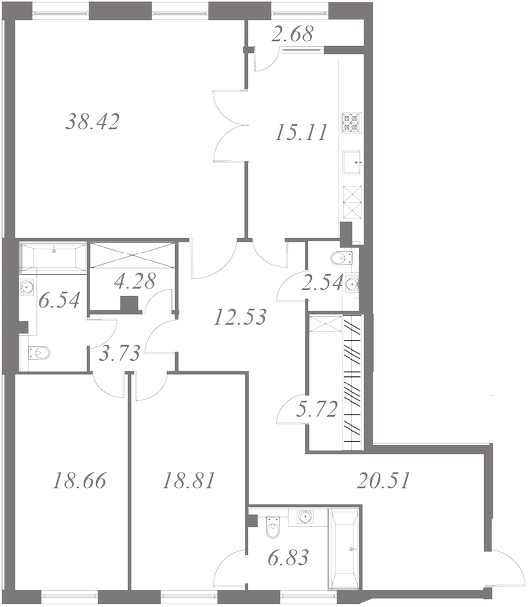 План квартиры №51 с 3 спальнями на 5 этаже 3 корпуса ЖК NEVA HAUS