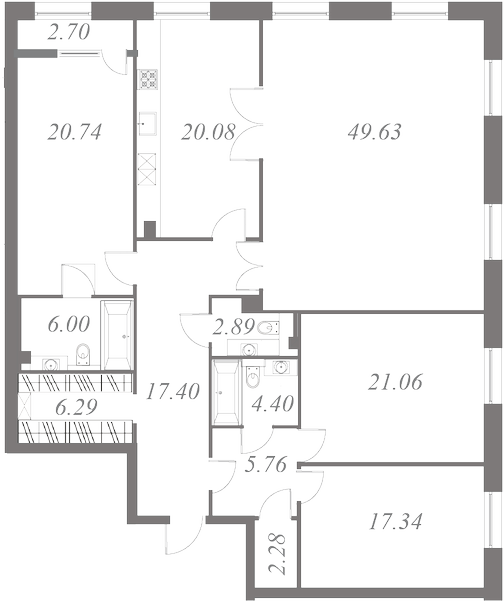 План квартиры №54 с 4 спальнями на 6 этаже 3 корпуса ЖК NEVA HAUS