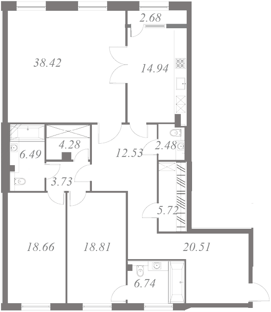 План квартиры №55 с 3 спальнями на 6 этаже 3 корпуса ЖК NEVA HAUS