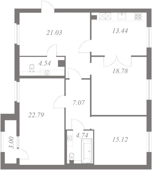 План квартиры №56 с 3 спальнями на 7 этаже 3 корпуса ЖК NEVA HAUS