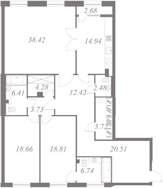 План квартиры №59 с 3 спальнями на 7 этаже 3 корпуса ЖК NEVA HAUS