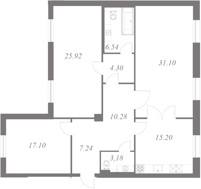 План квартиры №6 с 3 спальнями на 2 этаже 3 корпуса ЖК NEVA HAUS