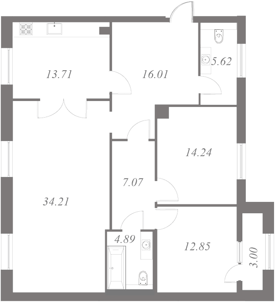 План квартиры №71 с 3 спальнями на 3 этаже 3 корпуса ЖК NEVA HAUS