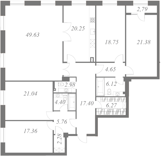 План квартиры №73 с 5 спальнями на 4 этаже 3 корпуса ЖК NEVA HAUS