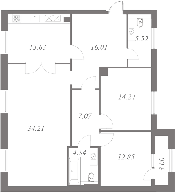 План квартиры №75 с 3 спальнями на 4 этаже 3 корпуса ЖК NEVA HAUS