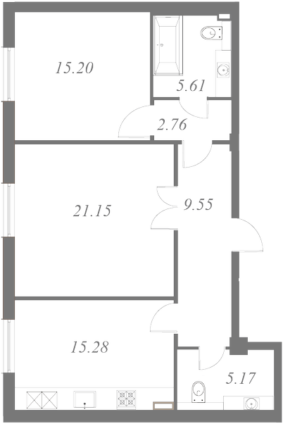 План квартиры №90 с 2 спальнями на 1 этаже 3 корпуса ЖК NEVA HAUS