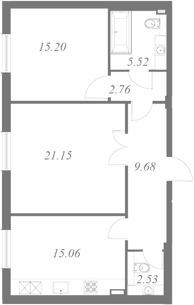 План квартиры №95 с 2 спальнями на 2 этаже 3 корпуса ЖК NEVA HAUS