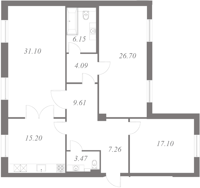 План квартиры №98 с 3 спальнями на 3 этаже 3 корпуса ЖК NEVA HAUS