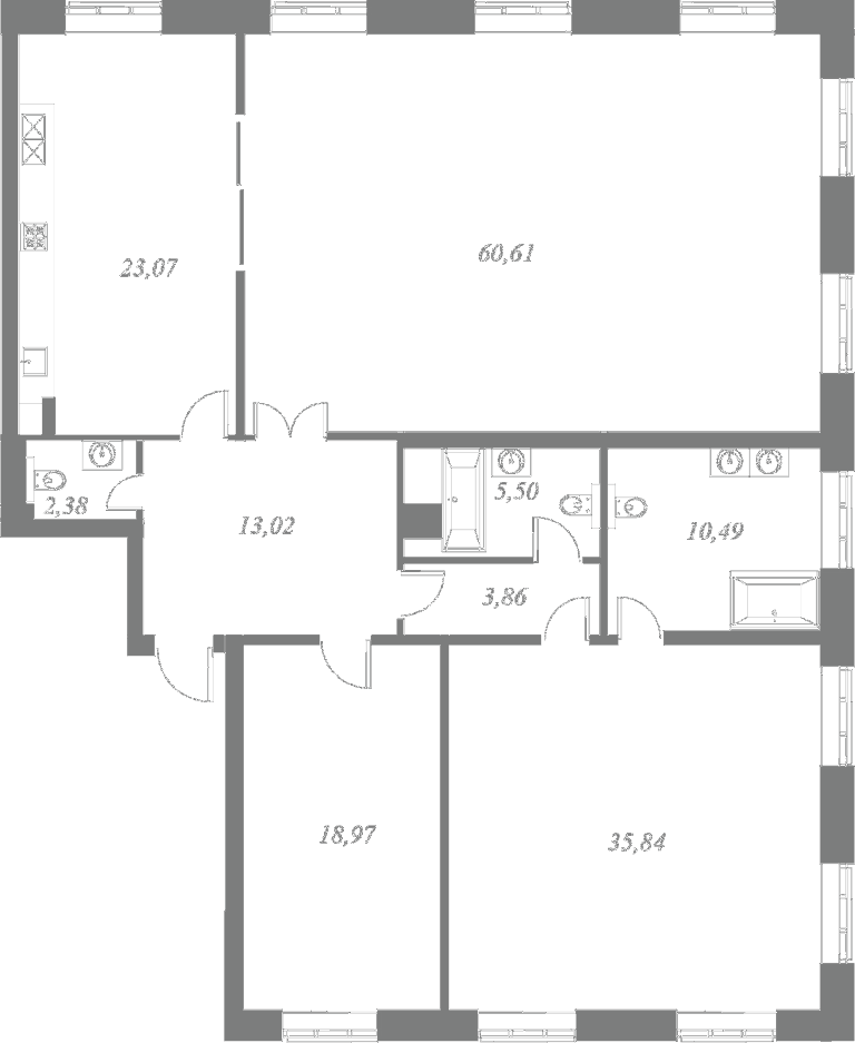 План квартиры №1 с 3 спальнями на 1 этаже 4 корпуса ЖК NEVA HAUS
