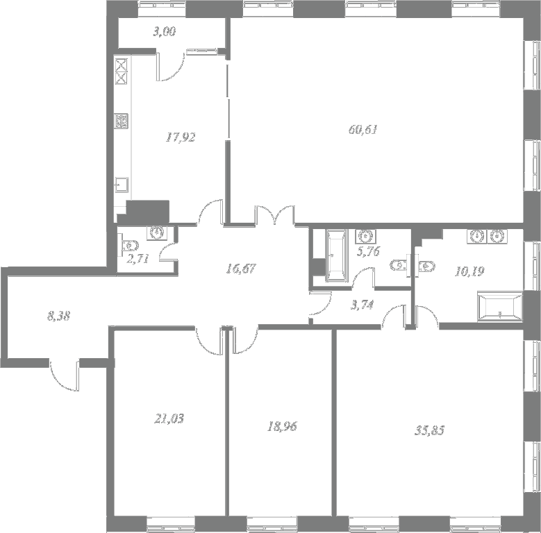 План квартиры №13 с 4 спальнями на 7 этаже 4 корпуса ЖК NEVA HAUS