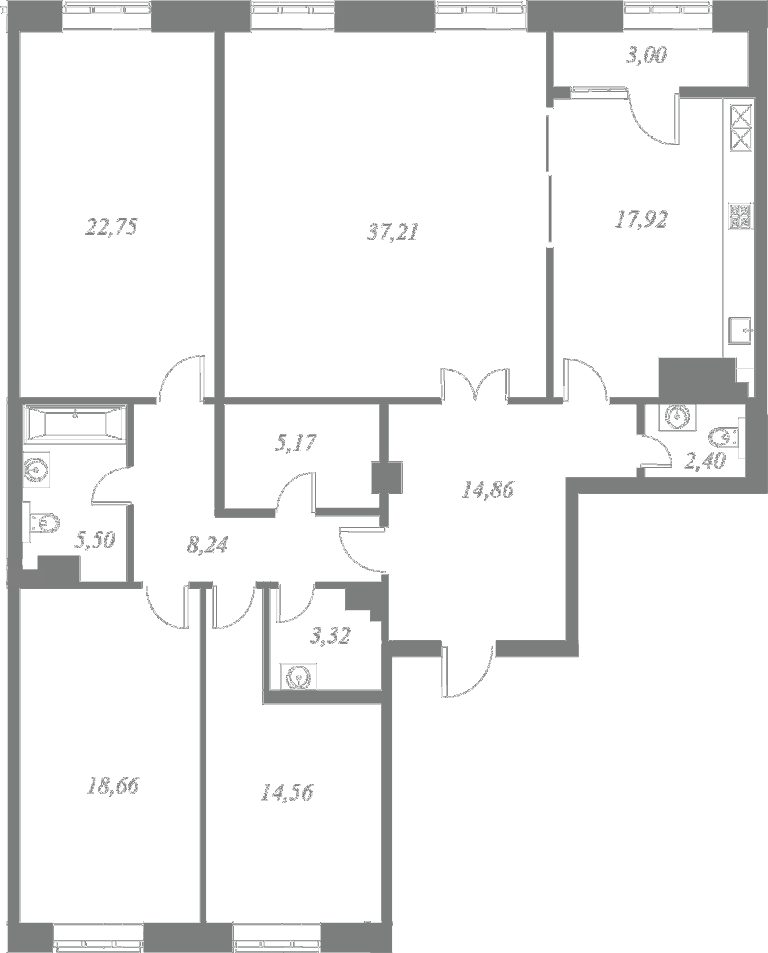 План квартиры №14 с 4 спальнями на 7 этаже 4 корпуса ЖК NEVA HAUS