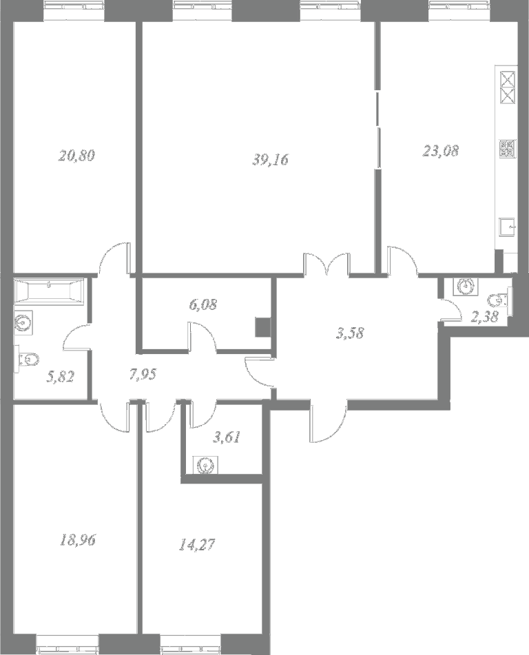 План квартиры №2 с 4 спальнями на 1 этаже 4 корпуса ЖК NEVA HAUS