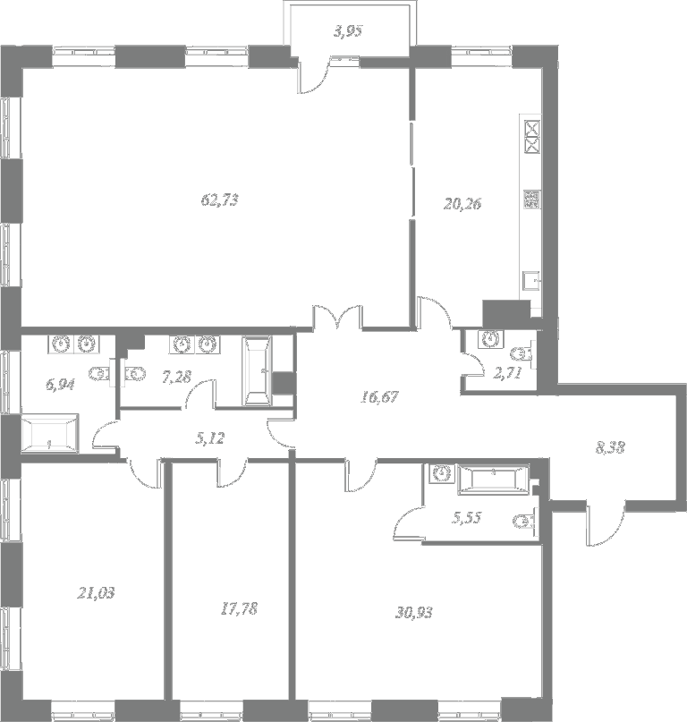 План квартиры №26 с 4 спальнями на 6 этаже 4 корпуса ЖК NEVA HAUS