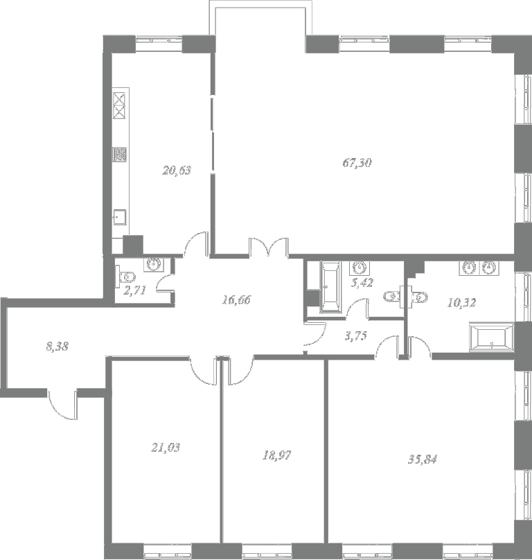 План квартиры №5 с 4 спальнями на 3 этаже 4 корпуса ЖК NEVA HAUS