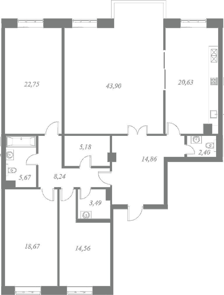 План квартиры №6 с 4 спальнями на 3 этаже 4 корпуса ЖК NEVA HAUS
