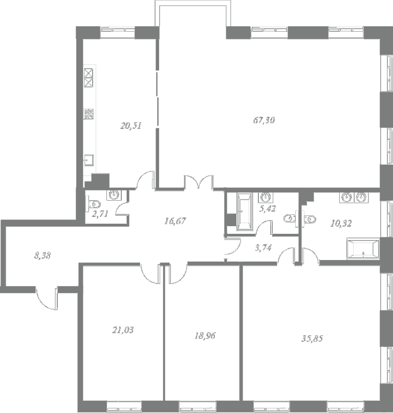 План квартиры №7 с 4 спальнями на 4 этаже 4 корпуса ЖК NEVA HAUS