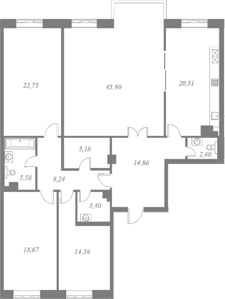 План квартиры №8 с 4 спальнями на 4 этаже 4 корпуса ЖК NEVA HAUS