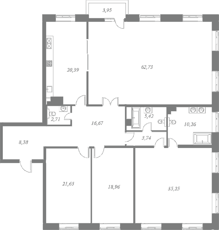 План квартиры №9 с 4 спальнями на 5 этаже 4 корпуса ЖК NEVA HAUS