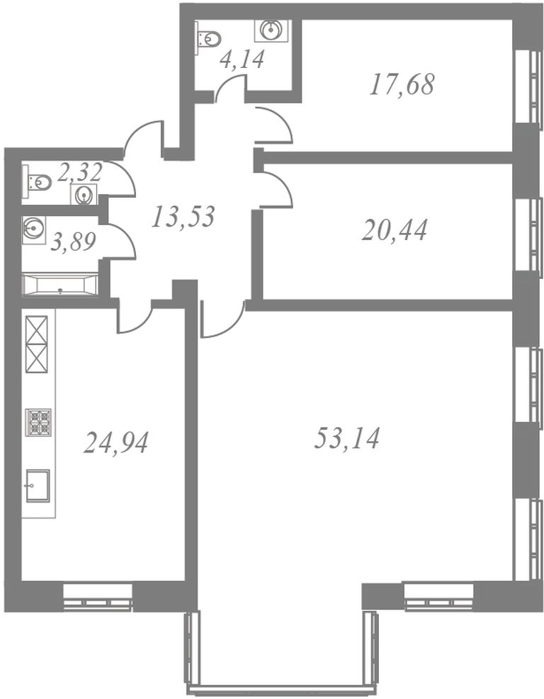План квартиры №108 с 3 спальнями на 9 этаже 5 корпуса ЖК NEVA HAUS