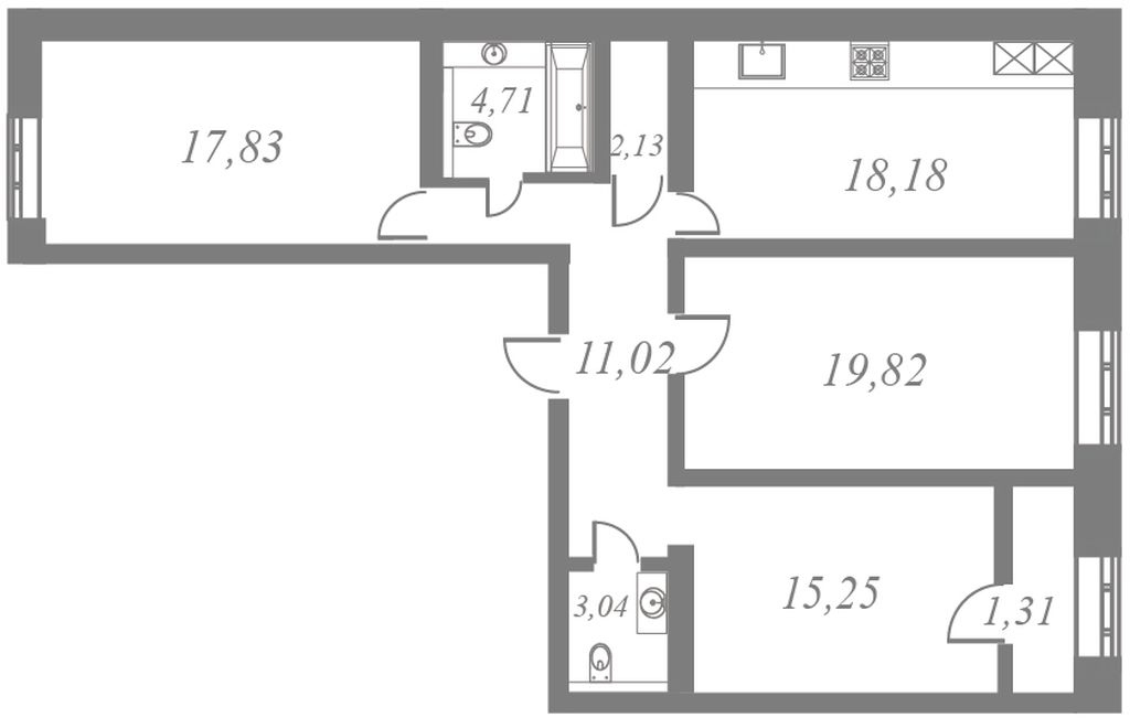 План квартиры №109 с 3 спальнями на 9 этаже 5 корпуса ЖК NEVA HAUS