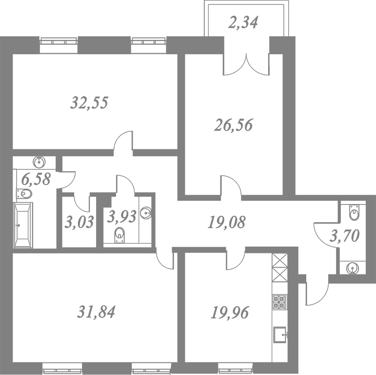 План квартиры №125 с 3 спальнями на 6 этаже 5 корпуса ЖК NEVA HAUS