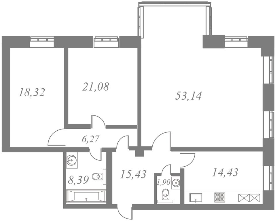 План квартиры №132 с 3 спальнями на 8 этаже 5 корпуса ЖК NEVA HAUS