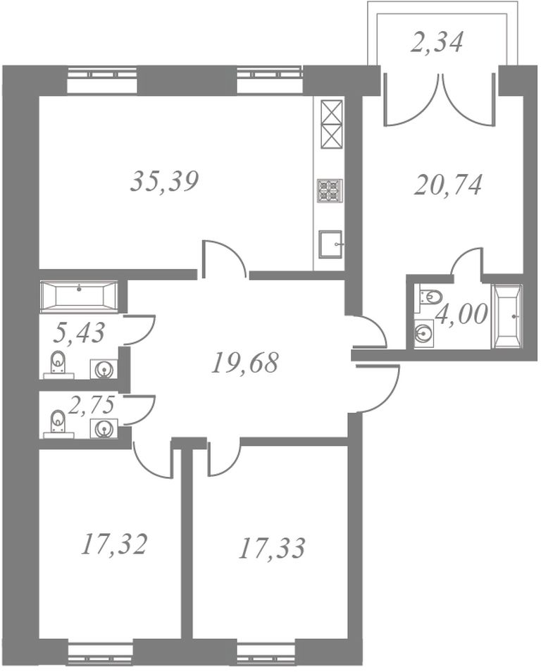 План квартиры №152 с 3 спальнями на 8 этаже 5 корпуса ЖК NEVA HAUS