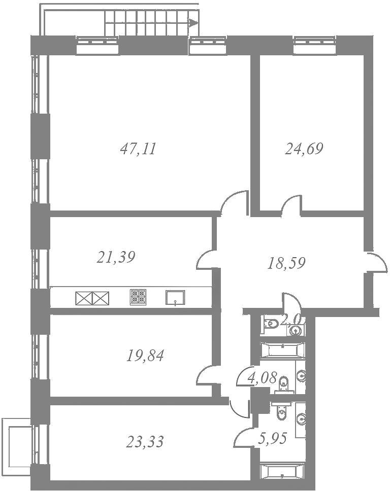 План квартиры №2 с 4 спальнями на 1 этаже 5 корпуса ЖК NEVA HAUS