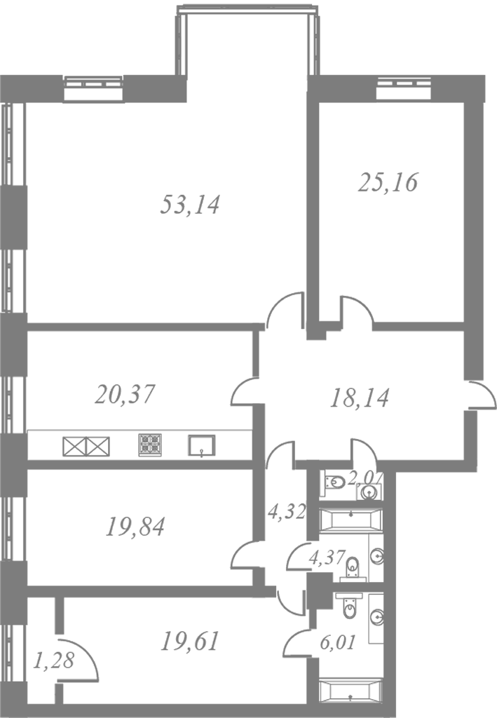 План квартиры №22 с 4 спальнями на 6 этаже 5 корпуса ЖК NEVA HAUS