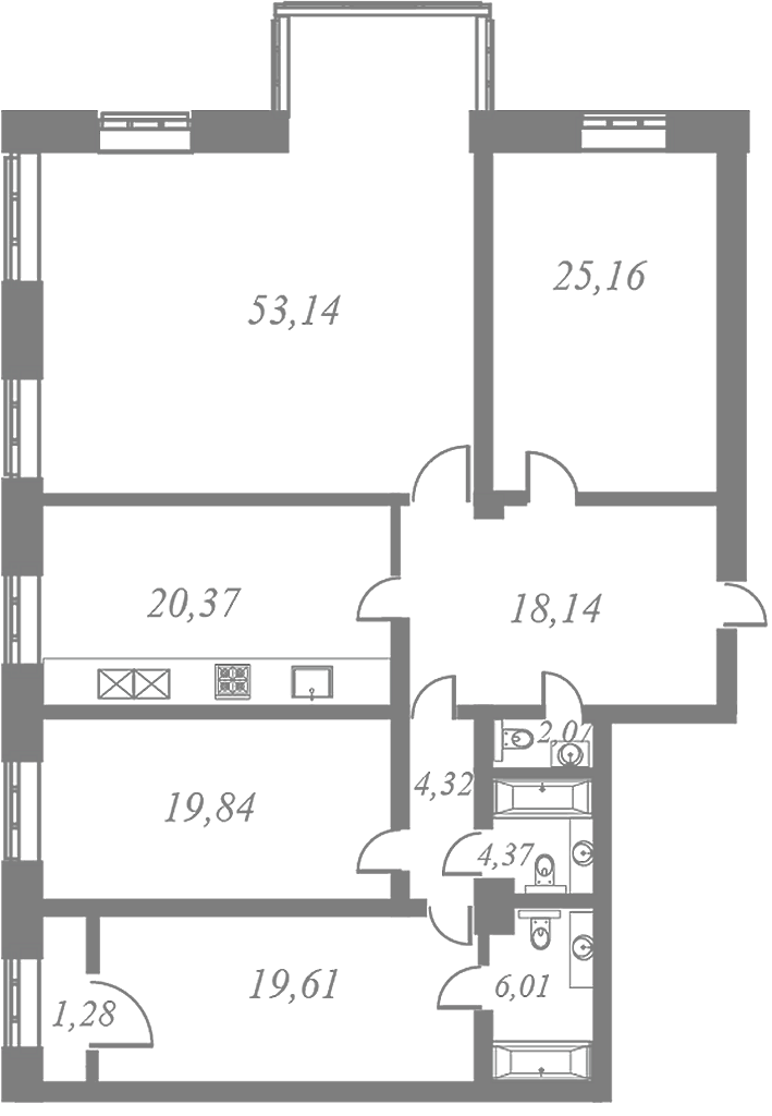 План квартиры №26 с 4 спальнями на 7 этаже 5 корпуса ЖК NEVA HAUS