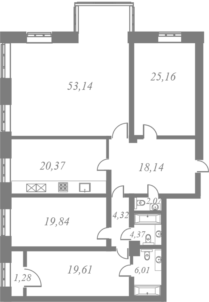 План квартиры №30 с 4 спальнями на 8 этаже 5 корпуса ЖК NEVA HAUS