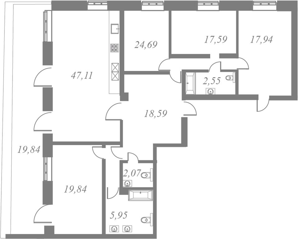 План квартиры №33 с 1 спальней на 9 этаже 5 корпуса ЖК NEVA HAUS