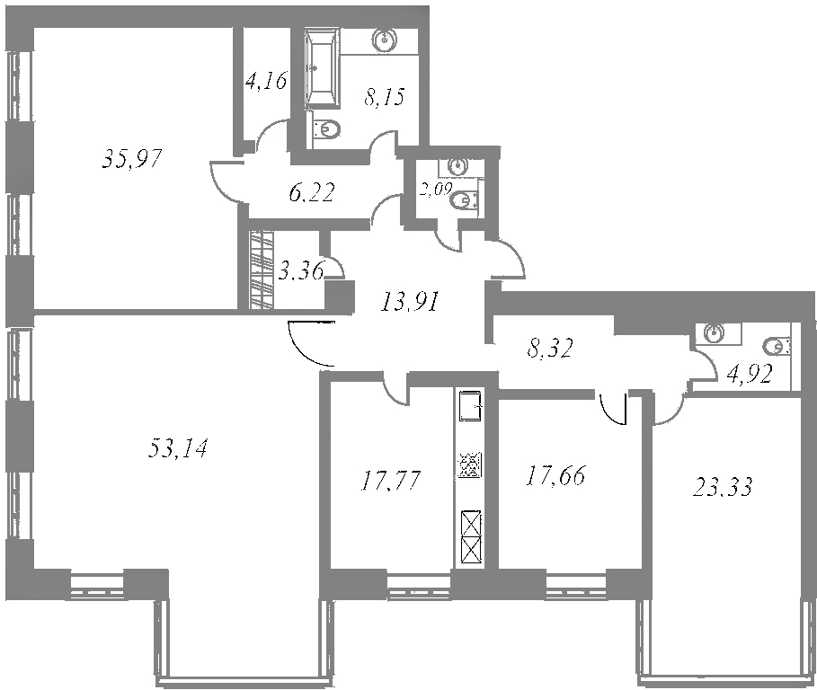 План квартиры №46 с 4 спальнями на 4 этаже 5 корпуса ЖК NEVA HAUS