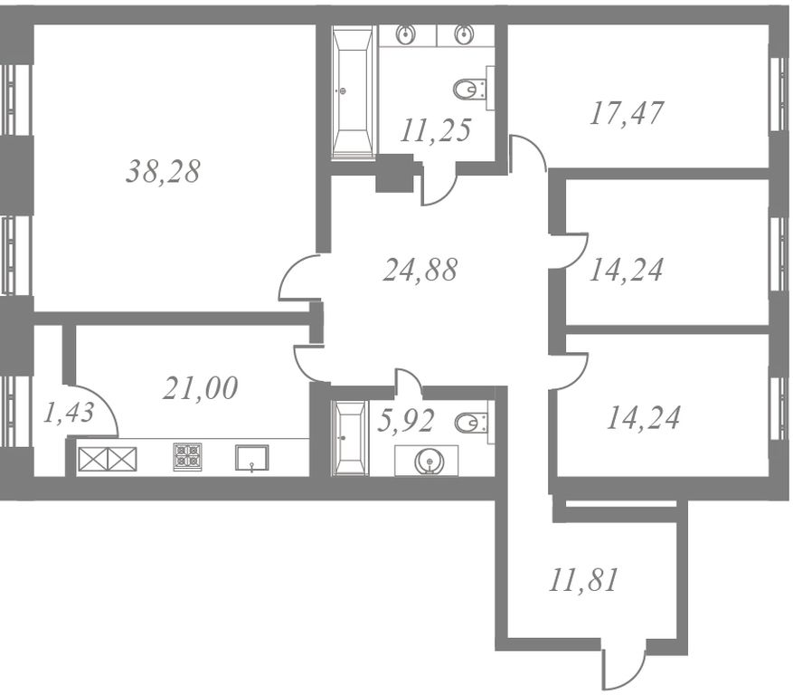 План квартиры №57 с 4 спальнями на 8 этаже 5 корпуса ЖК NEVA HAUS