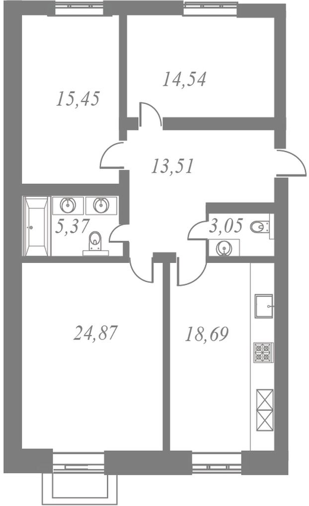 План квартиры №63 с 3 спальнями на 1 этаже 5 корпуса ЖК NEVA HAUS