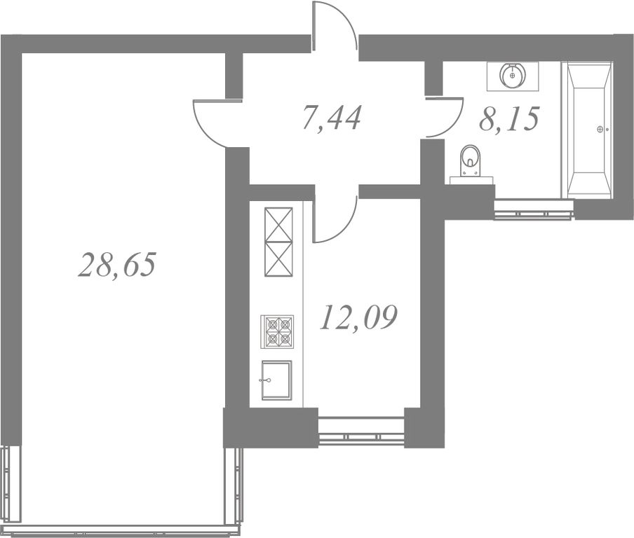 План квартиры №72 с 1 спальней на 4 этаже 5 корпуса ЖК NEVA HAUS